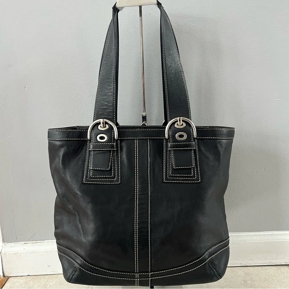 Coach Black Leather Tote with White Stitching